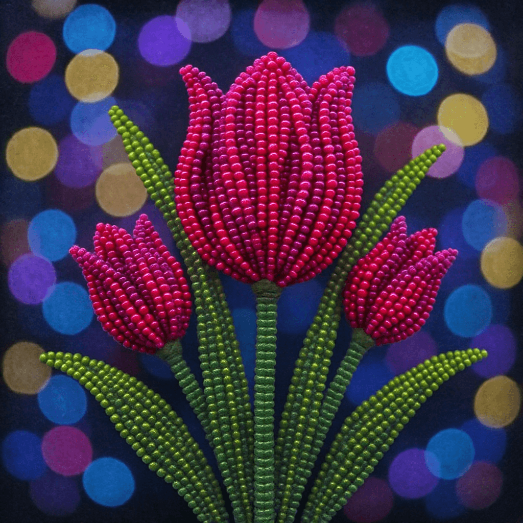 AI generated: Centered image. 400 pixels. Everything should fit within the frame. Tulip sculptures, beaded embroid...