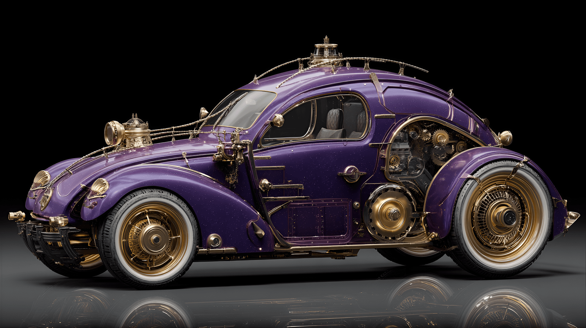 AI generated: Steampunk purple car, detailed,  high-tech,  futuristic,  ornate gold mechanical parts,  glossy purp...
