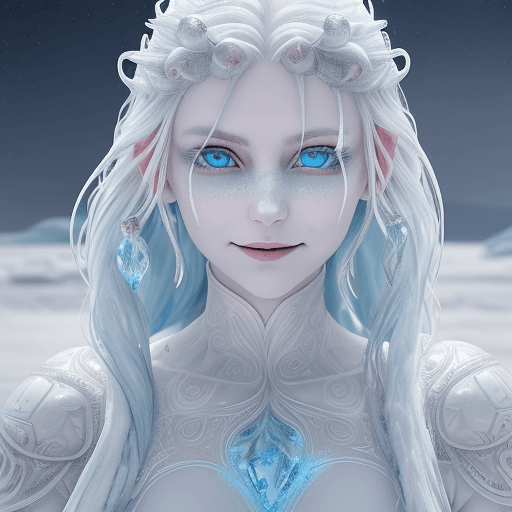 AI generated: ice people, muzhina, boiling white skin, ice, frost, blizzard, snow, northern lights, arctic, blue h...