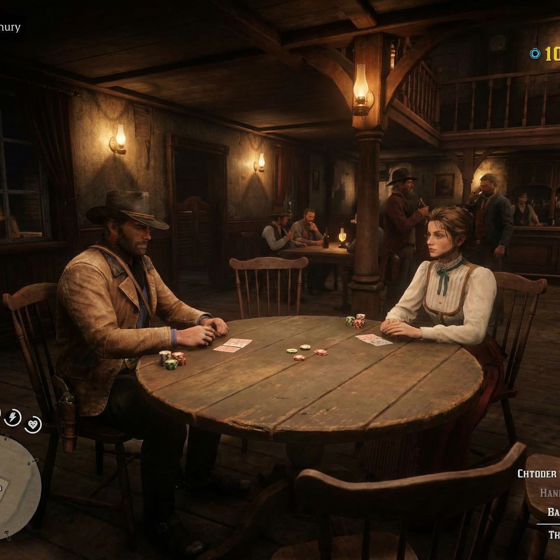 AI generated: Arthur morgan and ana de armas playing poker in red dead redemption 2 , make it in valentine salon w...