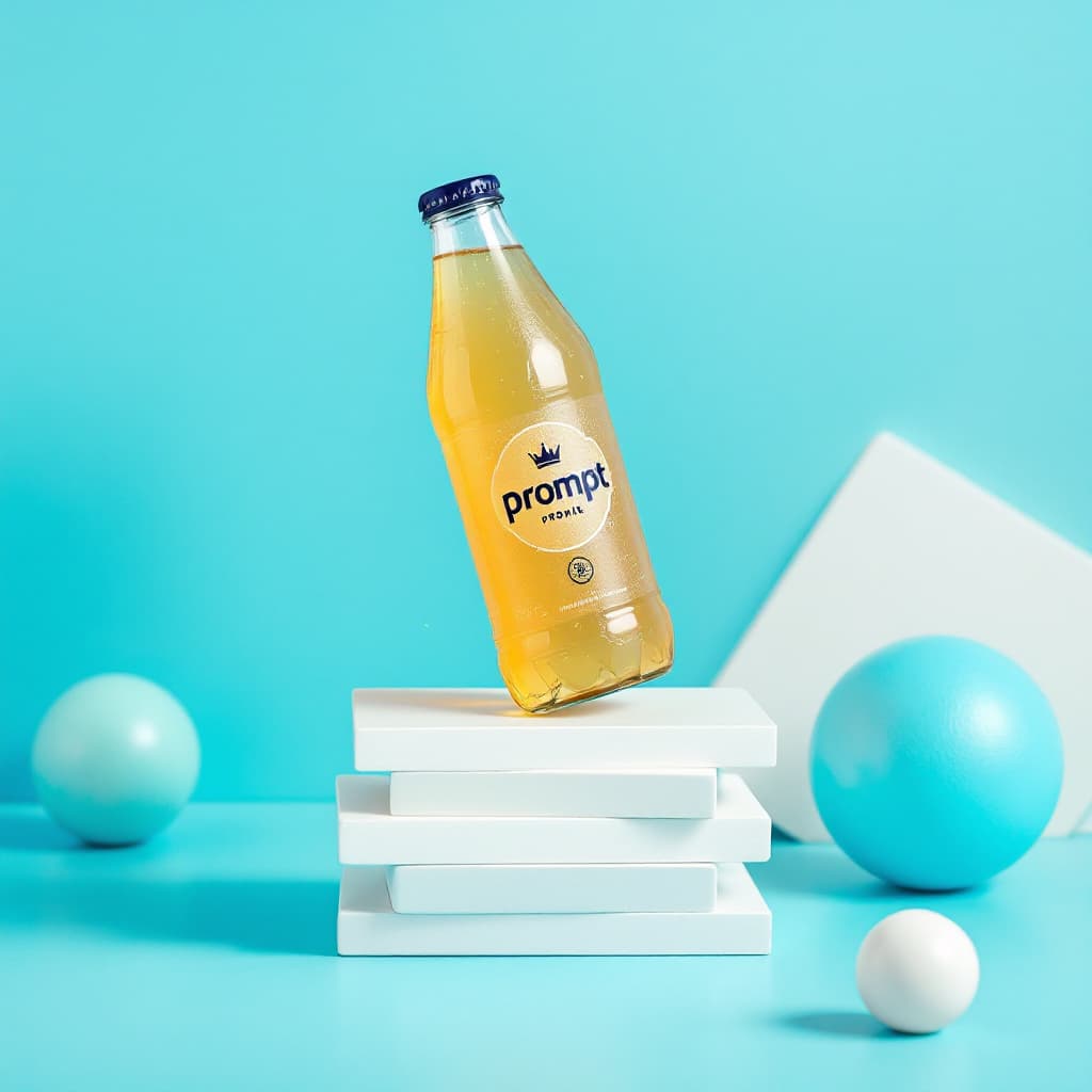 AI generated: This is a vibrant product photography composition featuring a bottle of "Prompt" beverage against a ...