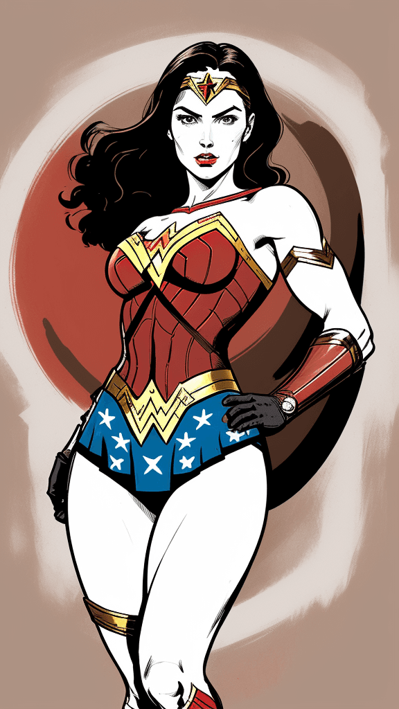 AI generated: a drawing of a Wonder Woman, in the style of adventure pulp, dark white and bronze, mottled, yup'ik ...