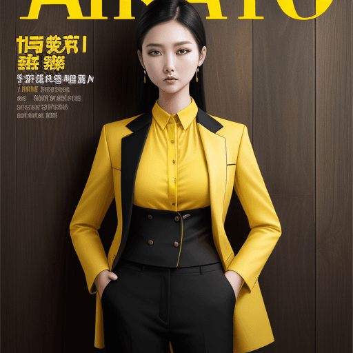 AI generated: fashion cover, front view, upper-body, woman model,  wooden  wall, black suit, yellow shirt, yellow ...