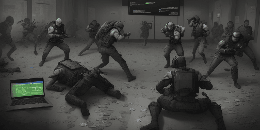 AI generated: software developers, geeks, nerds fighting, two sides of developers equipped with laptops and tech a...