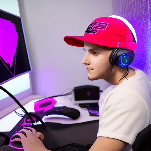 AI generated: Only one 20-year-old boy, dans un bureau de jeu asus , Chapeau casquette de baseball logo argent ASU...