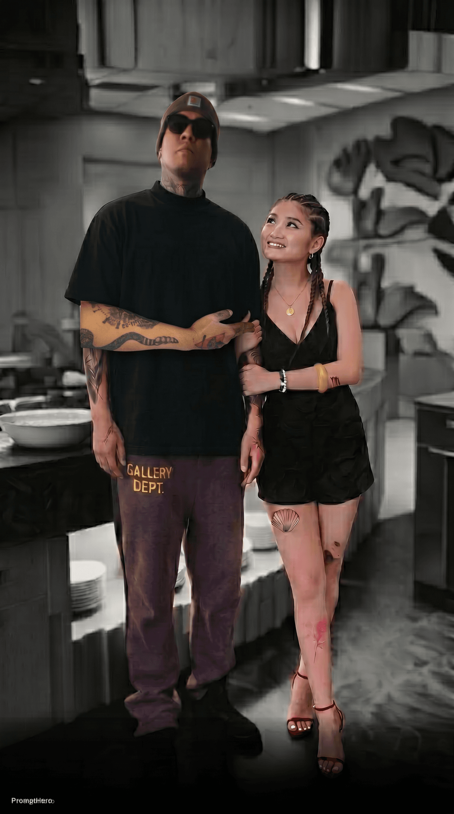 AI generated: Make the man's arm look like pointing to the direction towards the body of the woman but refer to th...