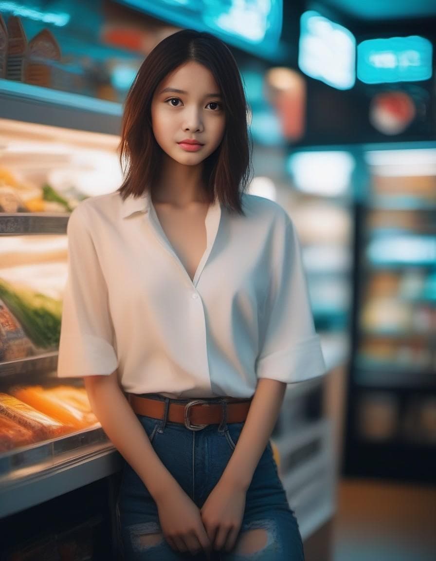 AI generated: portrait photo of a stylish beautiful girl in a future convenience store, asymmetric hair cut, cyber...