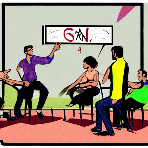 AI generated: image of three people playing an improv game. the three people are standing on a line in the front a...