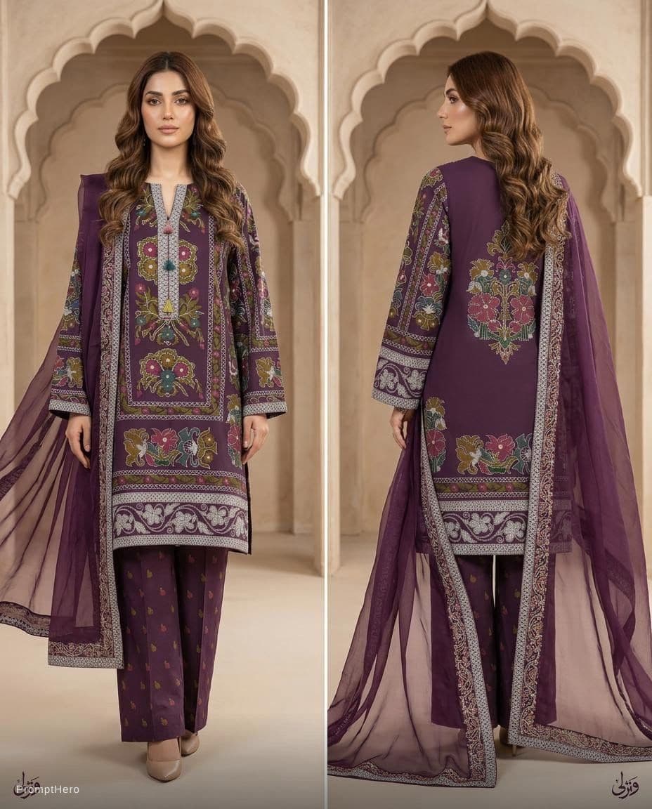 AI generated: A high-end fashion editorial photoshoot of a beautiful Pakistani female model wearing a deep plum/pu...