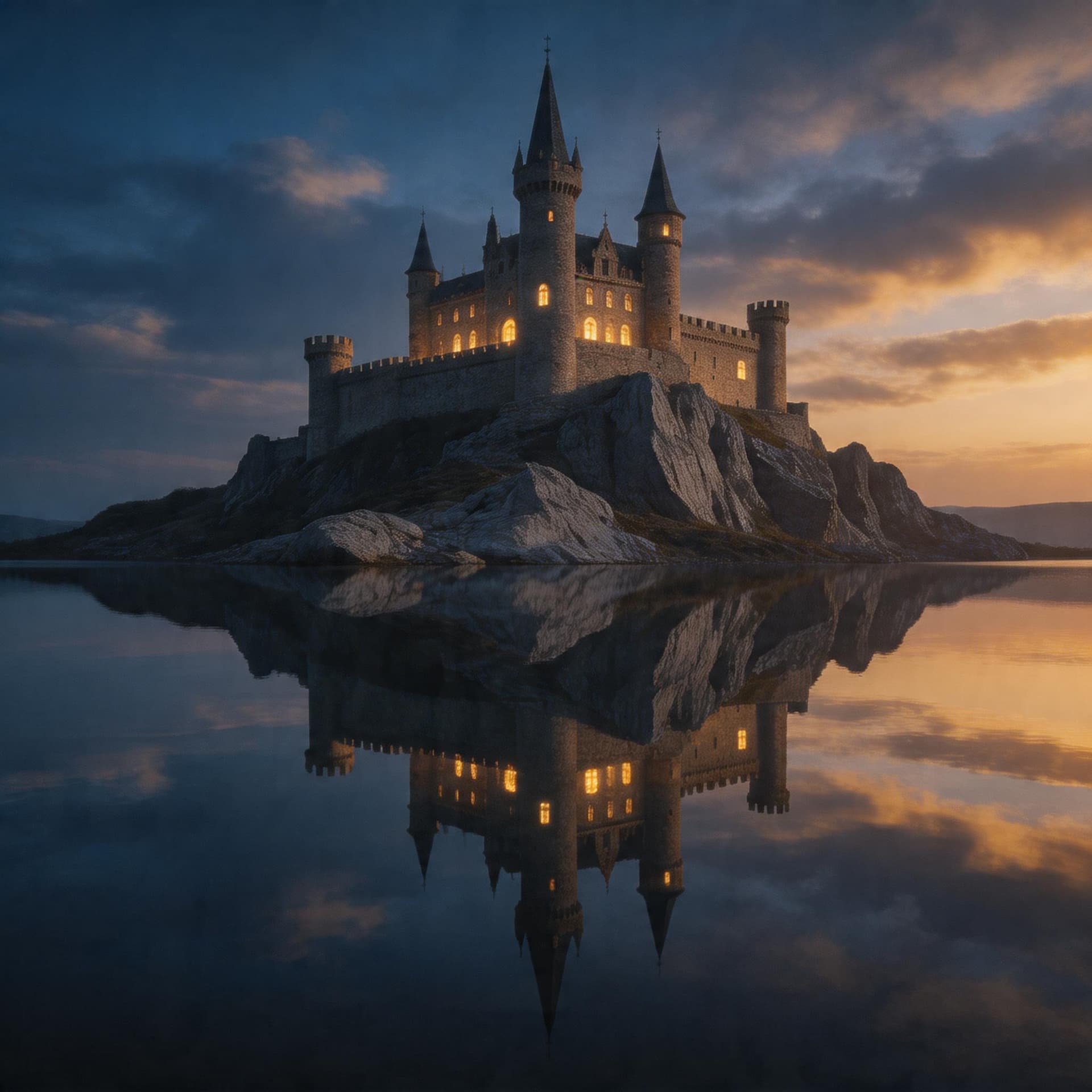 AI generated: A picture of a castle on a rocky hill with a movie-like feel. Reflection style.