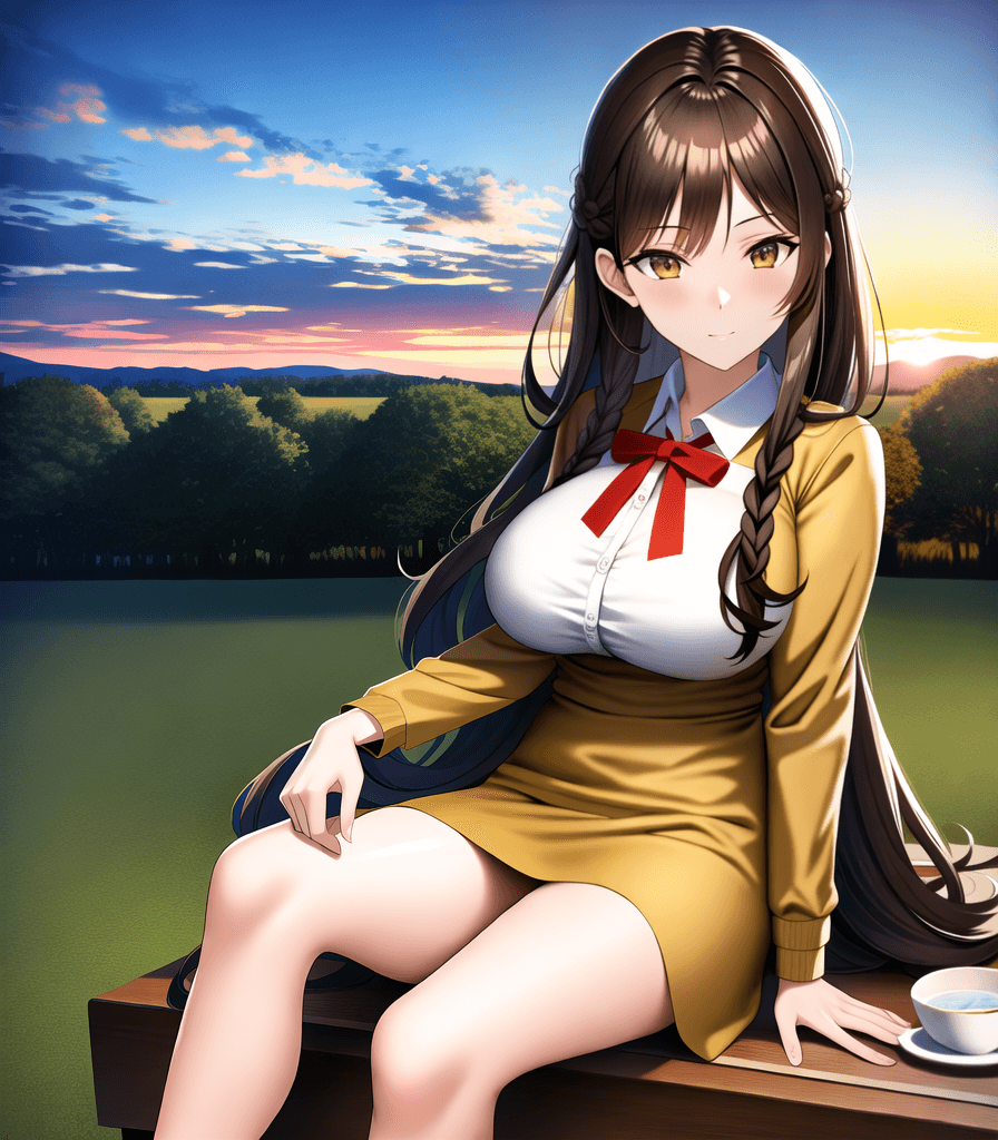 AI generated: (perfect anime illustration), 1girl, long braided brown hair, (huge breasts:1. 2), picnic table, out...
