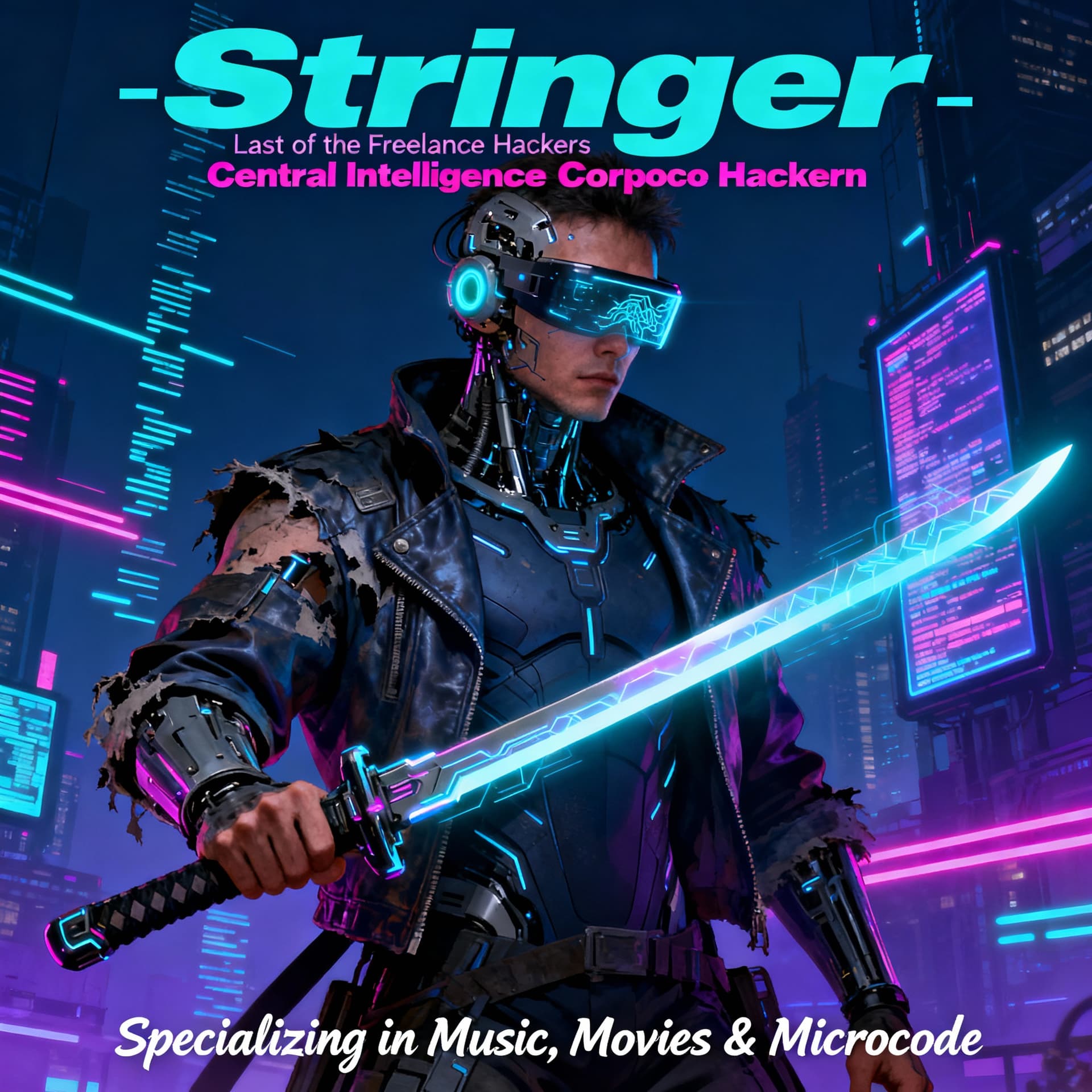 AI generated: Crazy Cyberjockey, lLast of the freelance hackers, greatest sword fighter in the world, Stringer, Ce...