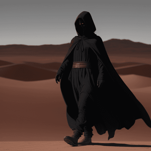AI generated: Mysterious figure in striking cloak walking through the desert