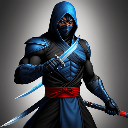 AI generated: a tall black and blue ninja that looks like sub-zero with a sword and red belt.