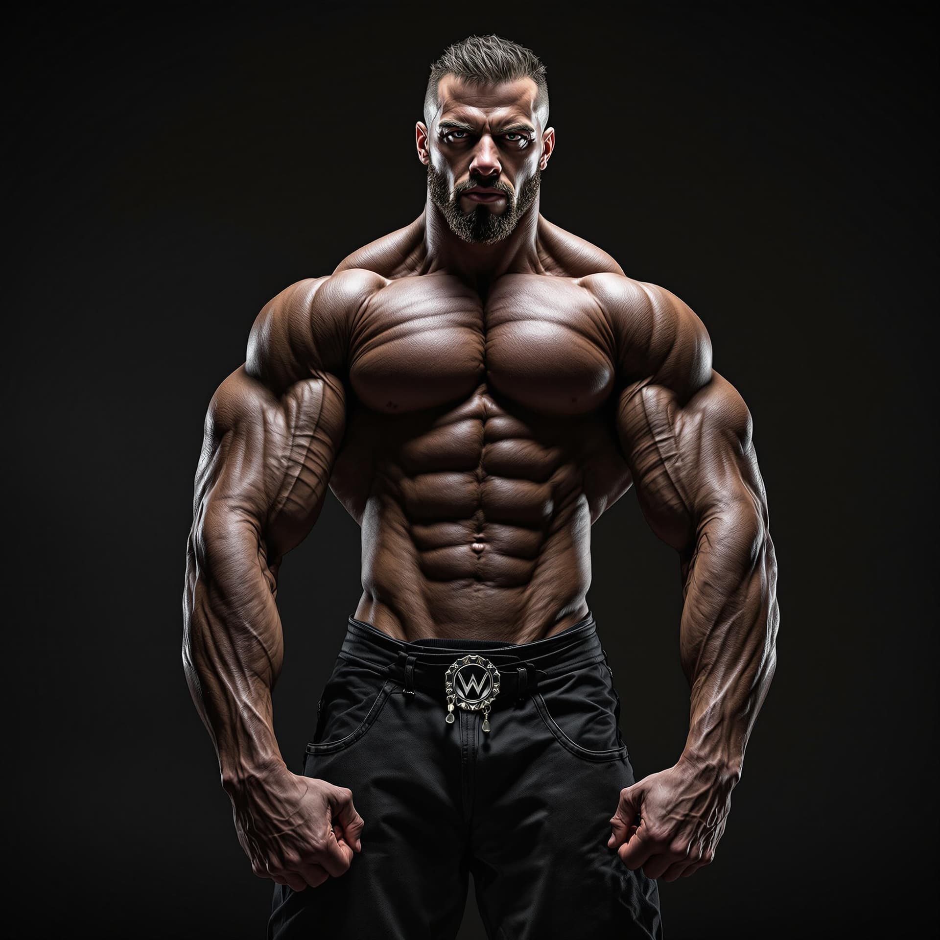 AI generated: full view of bodybuilder standing in most muscular pose while looking at the camera