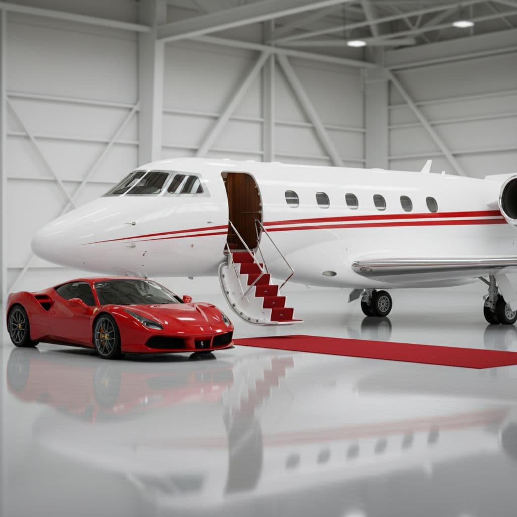 AI generated: A r full shot of  a  very luxurious red and white themed  private jet with doors open and red Ferrar...
