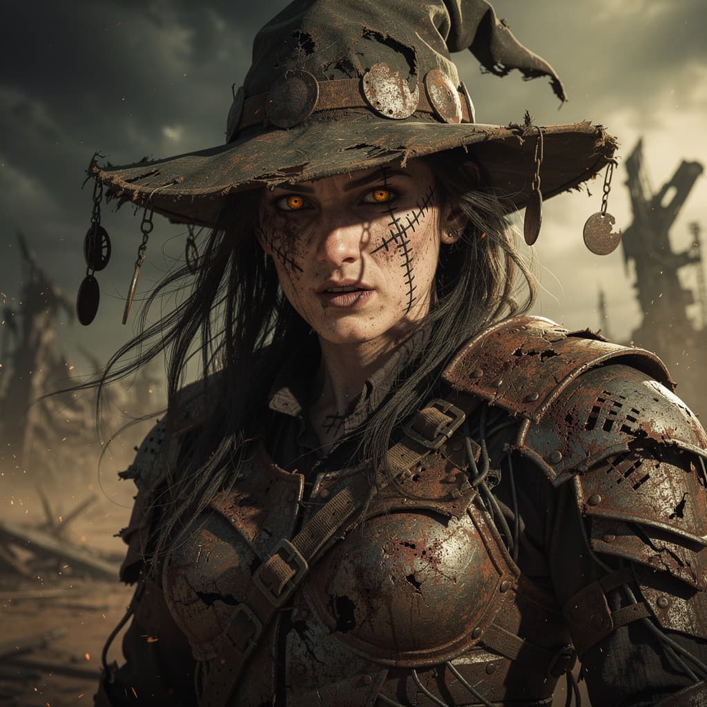 AI generated: Perchance A post-apocalyptic witch wearing a battered hat and stitched face markings, rusted armor, ...