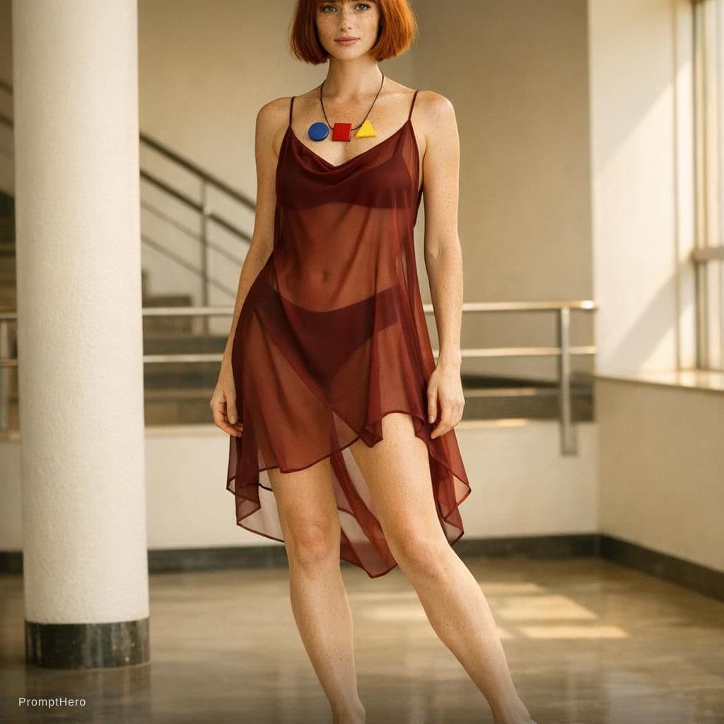 AI generated: Full body shot, fashion design, featuring an beautiful female nude model wearing a burgundy transpar...