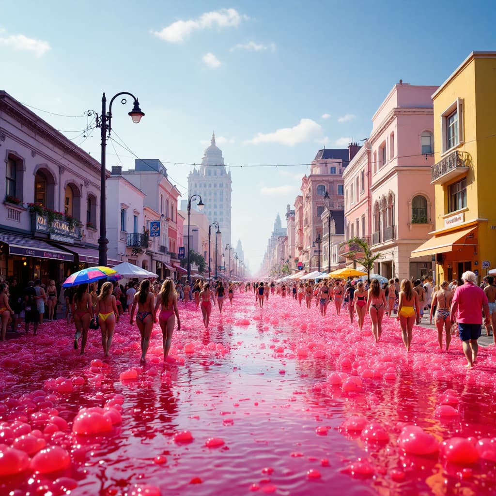 AI generated: a city street  are  made of jello, sparsely populate the street with people who are dressed in radia...