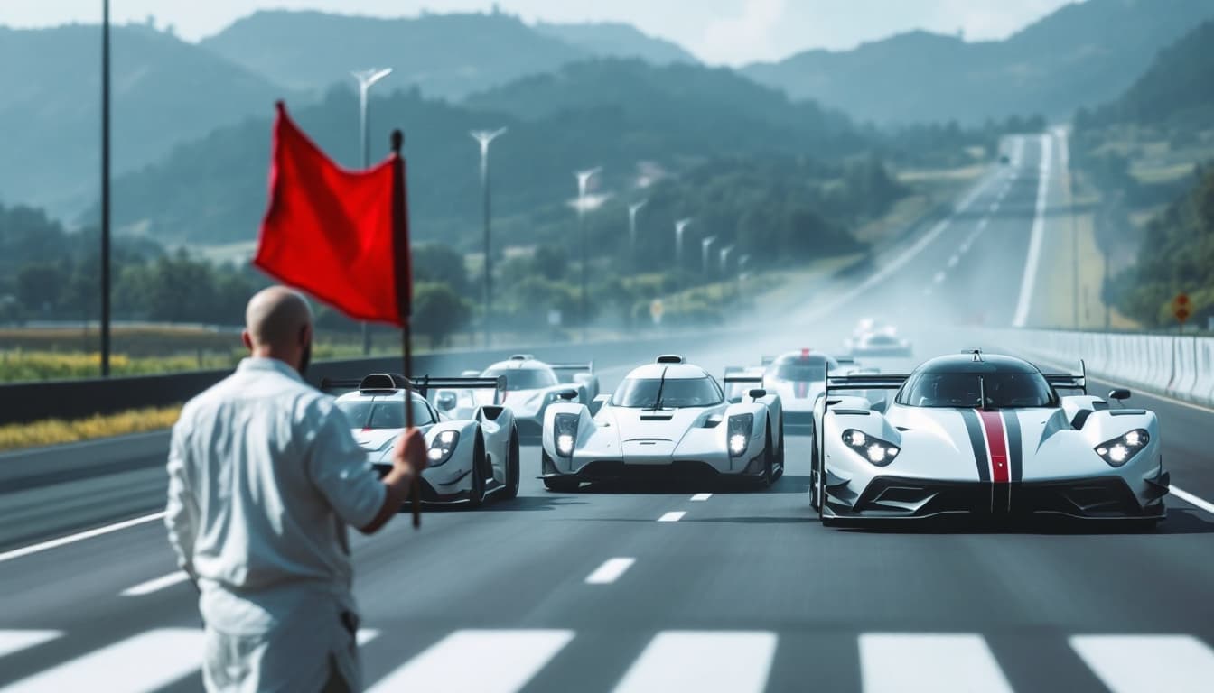 AI generated: There are 5 racing cars at the starting line.  On the side of the highway, behind the cars, there is...