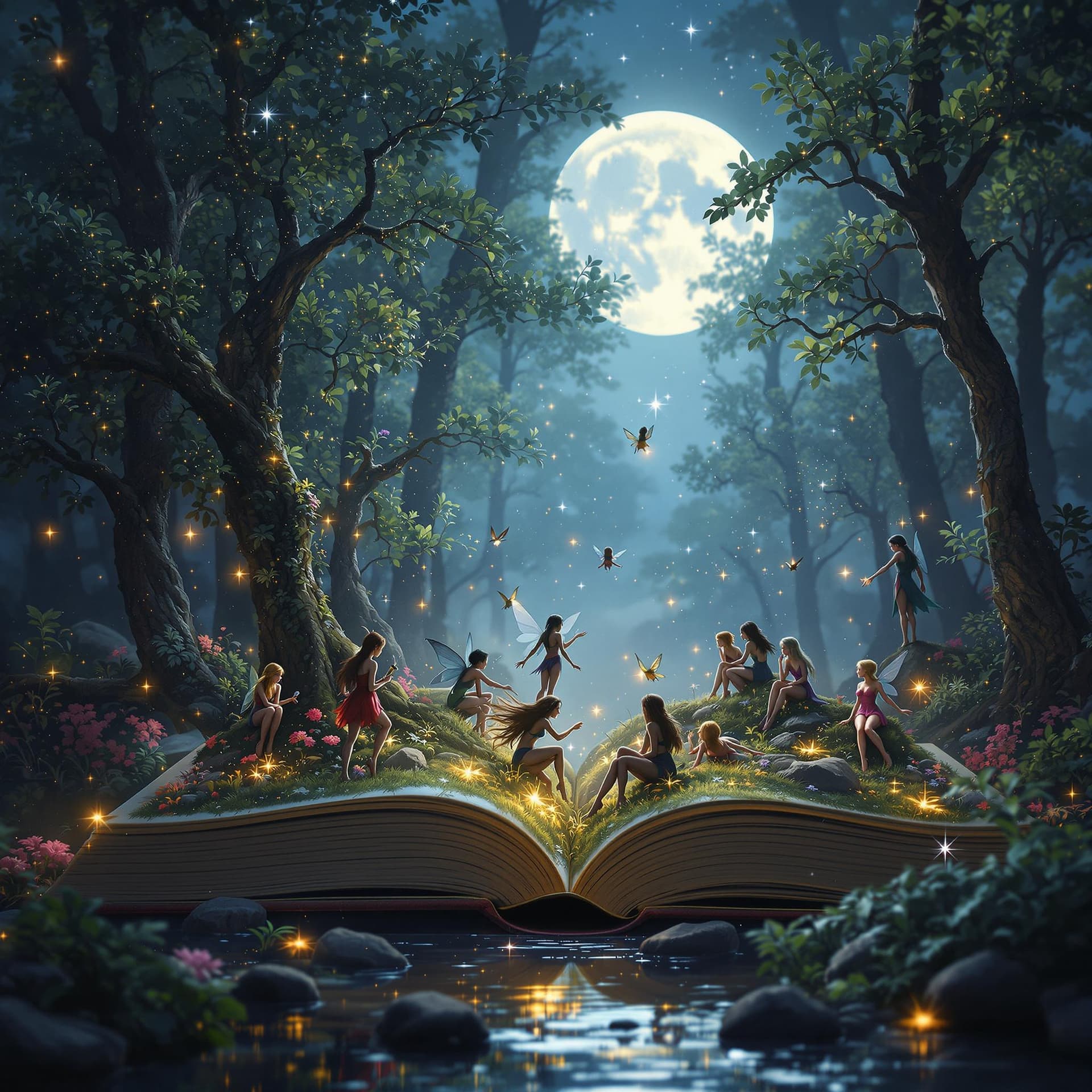 AI generated: “Miniature forest with elves and fairies from an open book, full moon and stars, light particles, de...