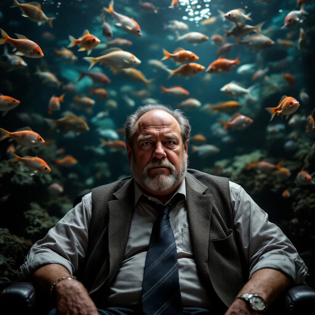 AI generated: create a Tony soprano where he sits against the backdrop of a large number of aquariums with a fish ...