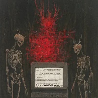 AI generated video: A surreal, eerie forest at night under a starry sky, featuring two skeletal figures one with a red s...