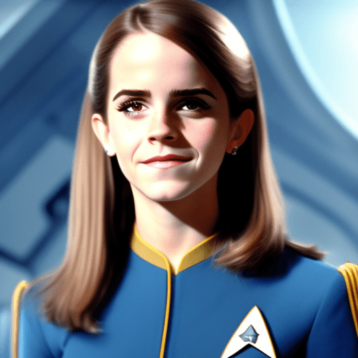 AI generated: 1969 portrait of Emma Watson as (Hermione Granger as a star fleet ensign), smiling, wearing an all b...