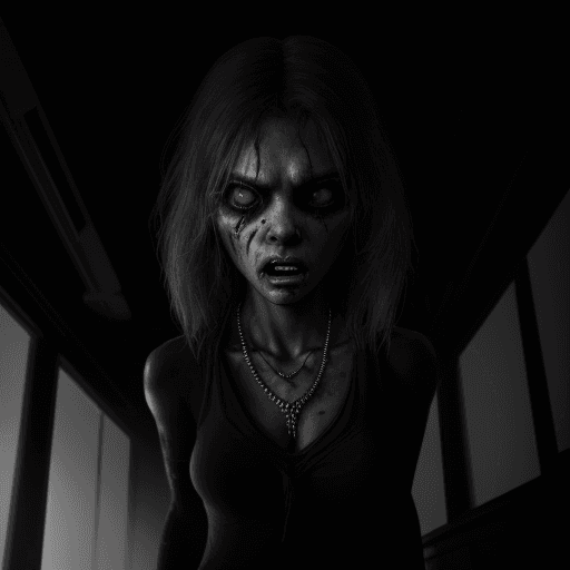 AI generated: A mutant hostile girl emerging from a dark room, necklace, gray lighting, painful, deformed, pessimi...
