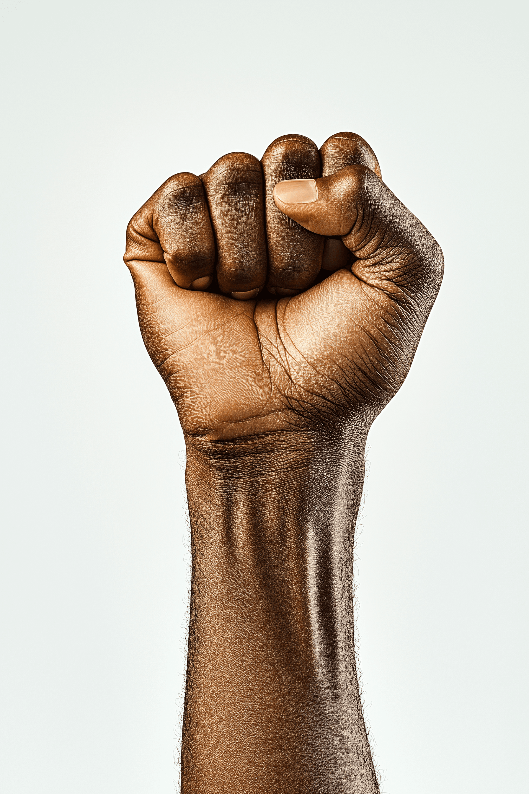AI generated: Isolated on white background a raised fist, symbolizing struggle and civil rights, stands against a ...