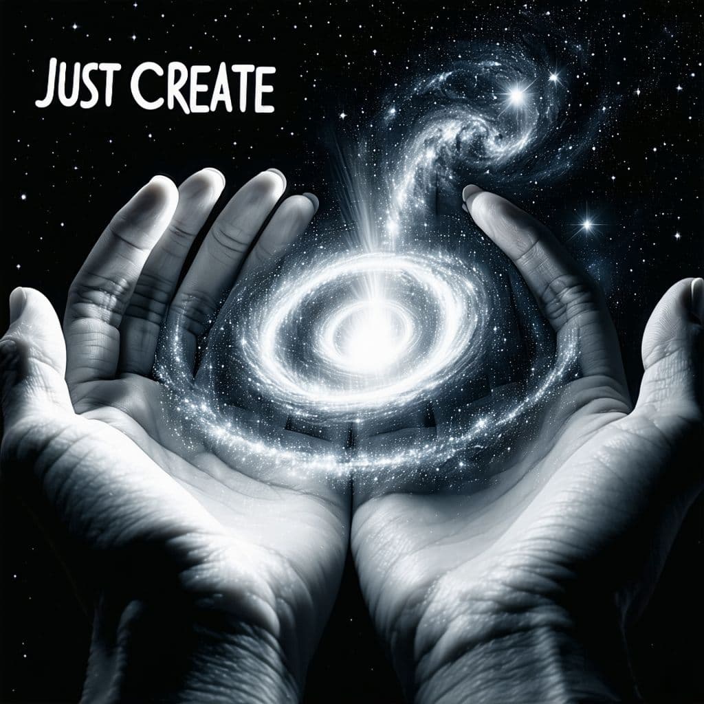 AI generated: Two giant hands in space holding a glowing spiral galaxy, light spilling between fingers, stars and ...