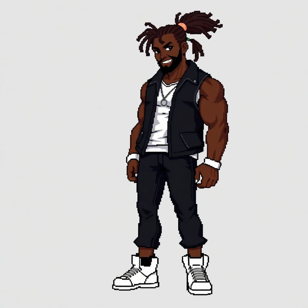 AI generated:  pixelated art style from the NES era  of a black male with an Espresso skin tone with  locs in a po...