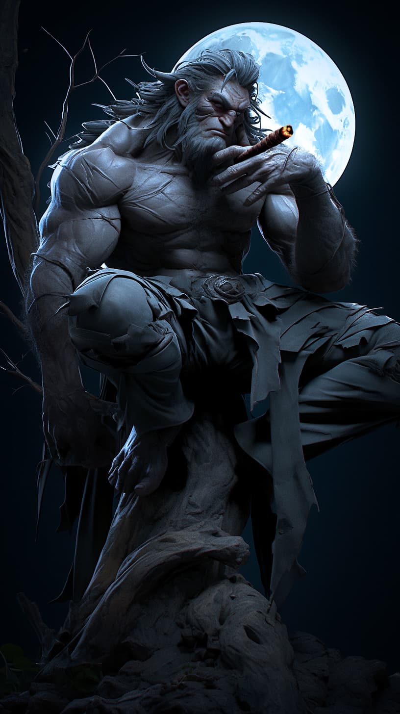 AI generated: Kapre, scary, hairy and muscular giant smoking tobacco on a branch of a tree, full moon in the backg...