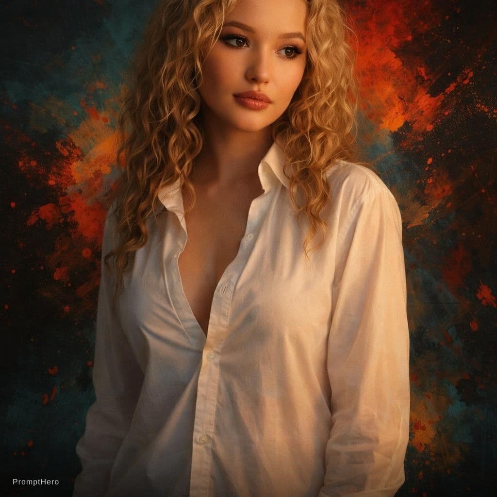 AI generated: Uploaded woman with 


 stands against an abstract background featuring splashes of red and orange h...