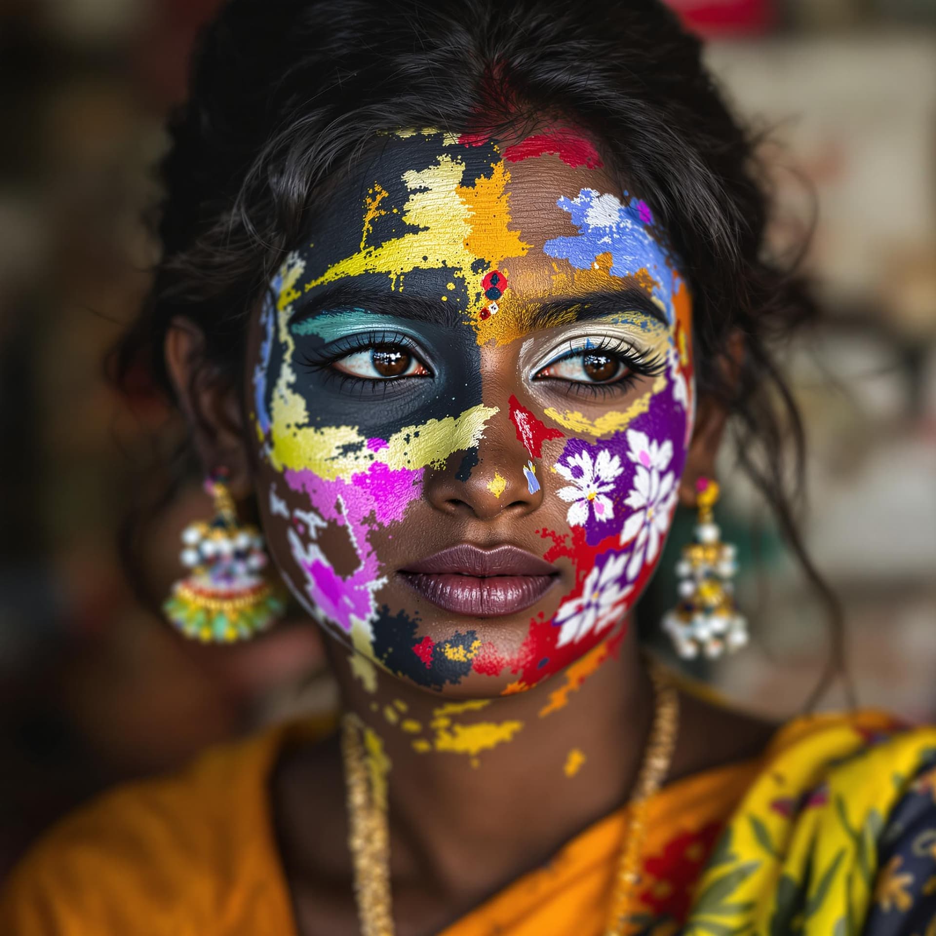 AI generated: Modern Indian Kerala girl with paint on her face, in the style of different colors, master of ink, a...