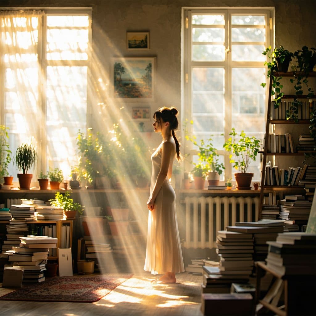 AI generated: A woman stands in the room wearing a light dress that reflects her figure gracefully, bathed in sunl...
