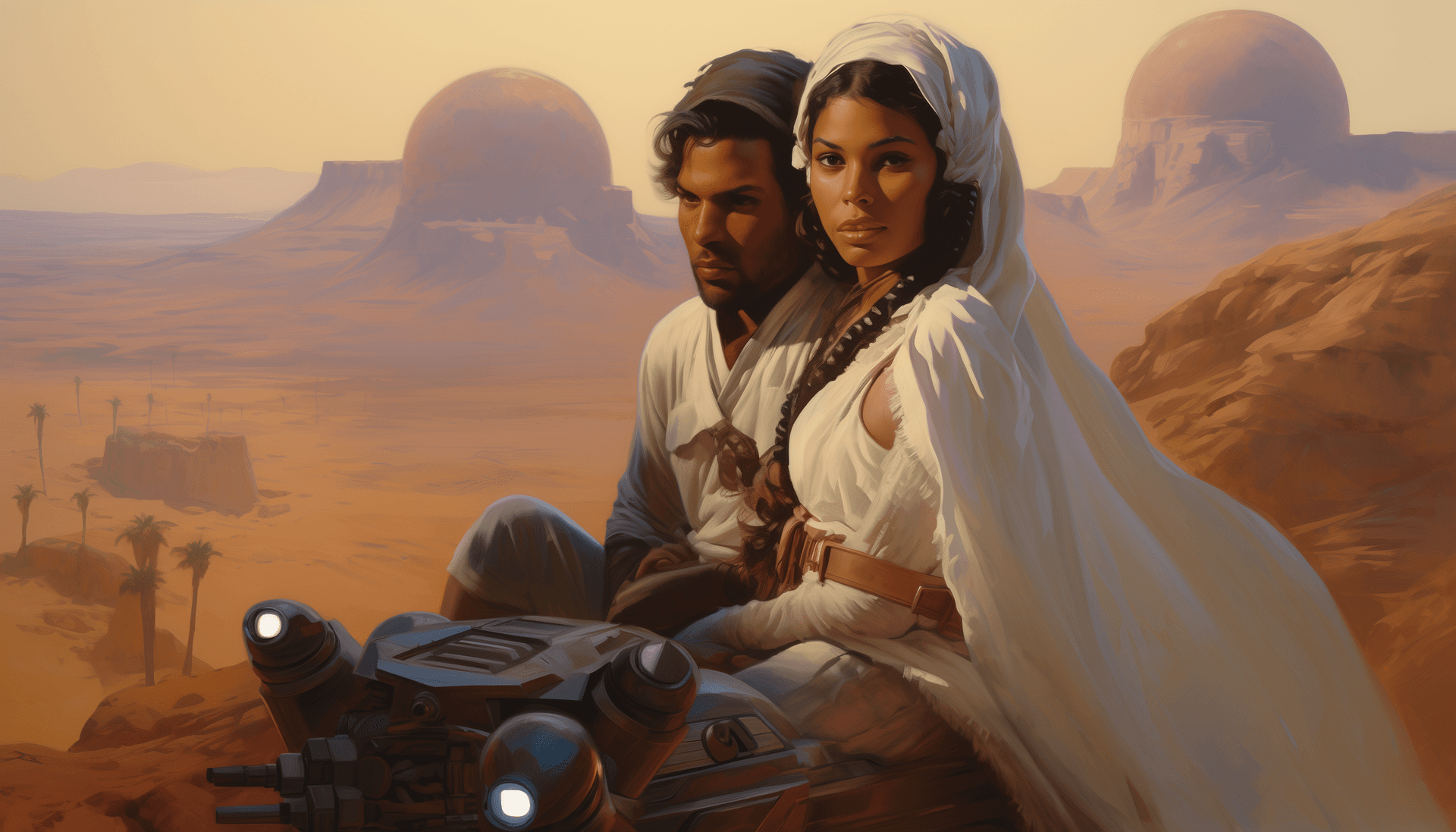 AI generated: A Star Wars rebel, riding on the back of an Ewok with his female companion in front, in a desert bac...