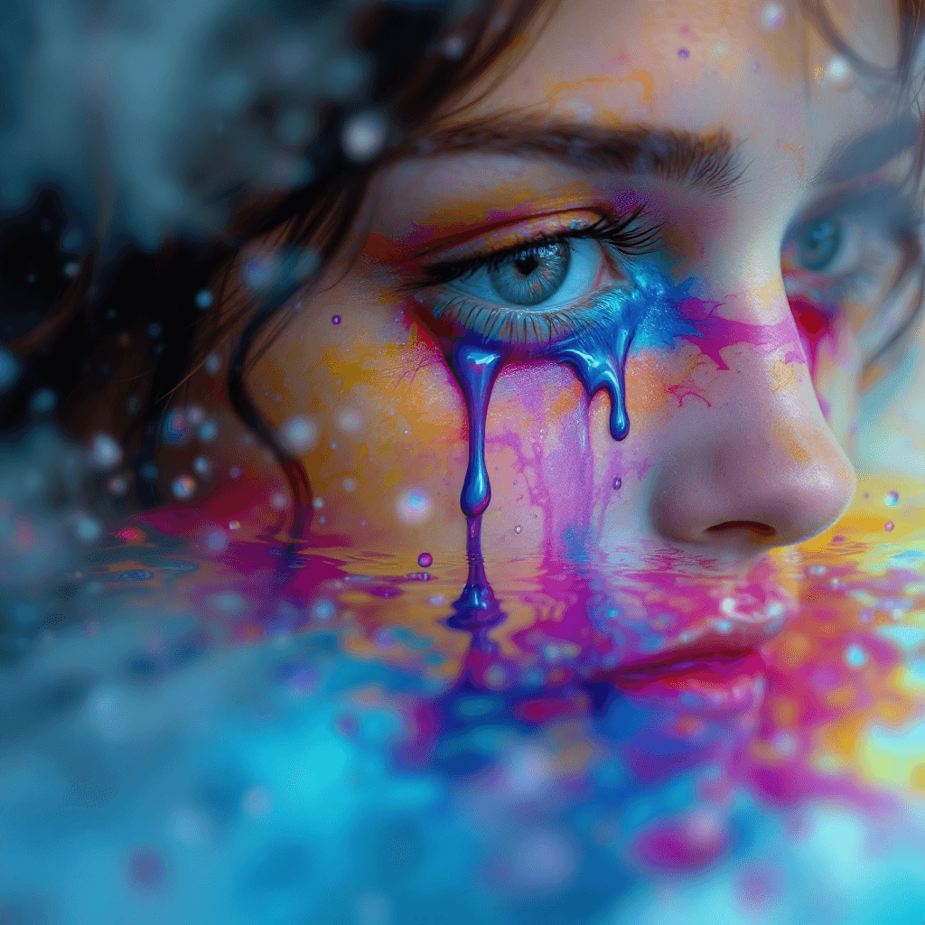 AI generated: A surreal moment where a woman’s tears become rivers of color, shaping the photorealistic details of...