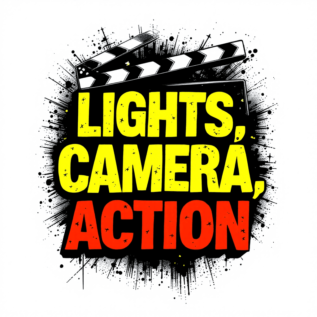 AI generated: Create a high-quality vector-style graphic featuring the phrase "Lights, Camera, Action" as the cent...