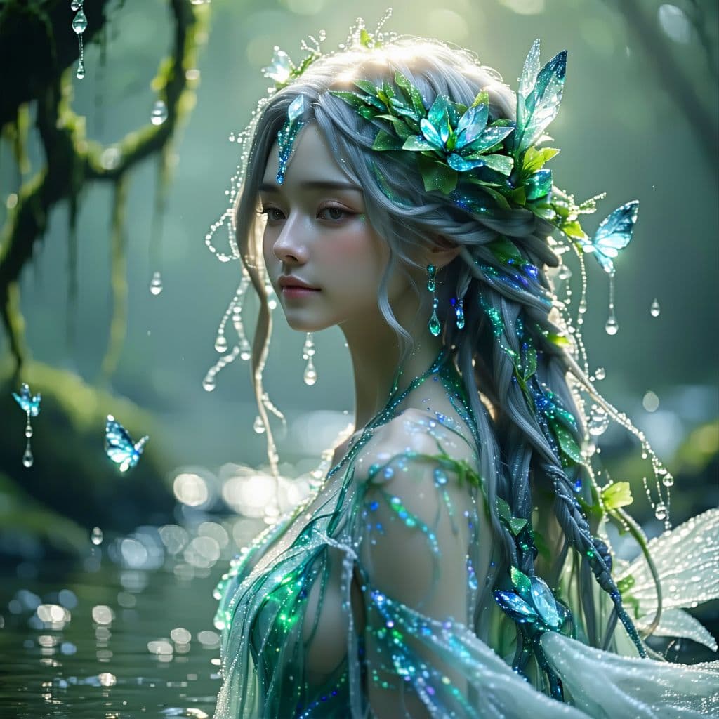 AI generated: A delicate and enchanting character design of Eleria, a mystical nymph representing earth, water, an...