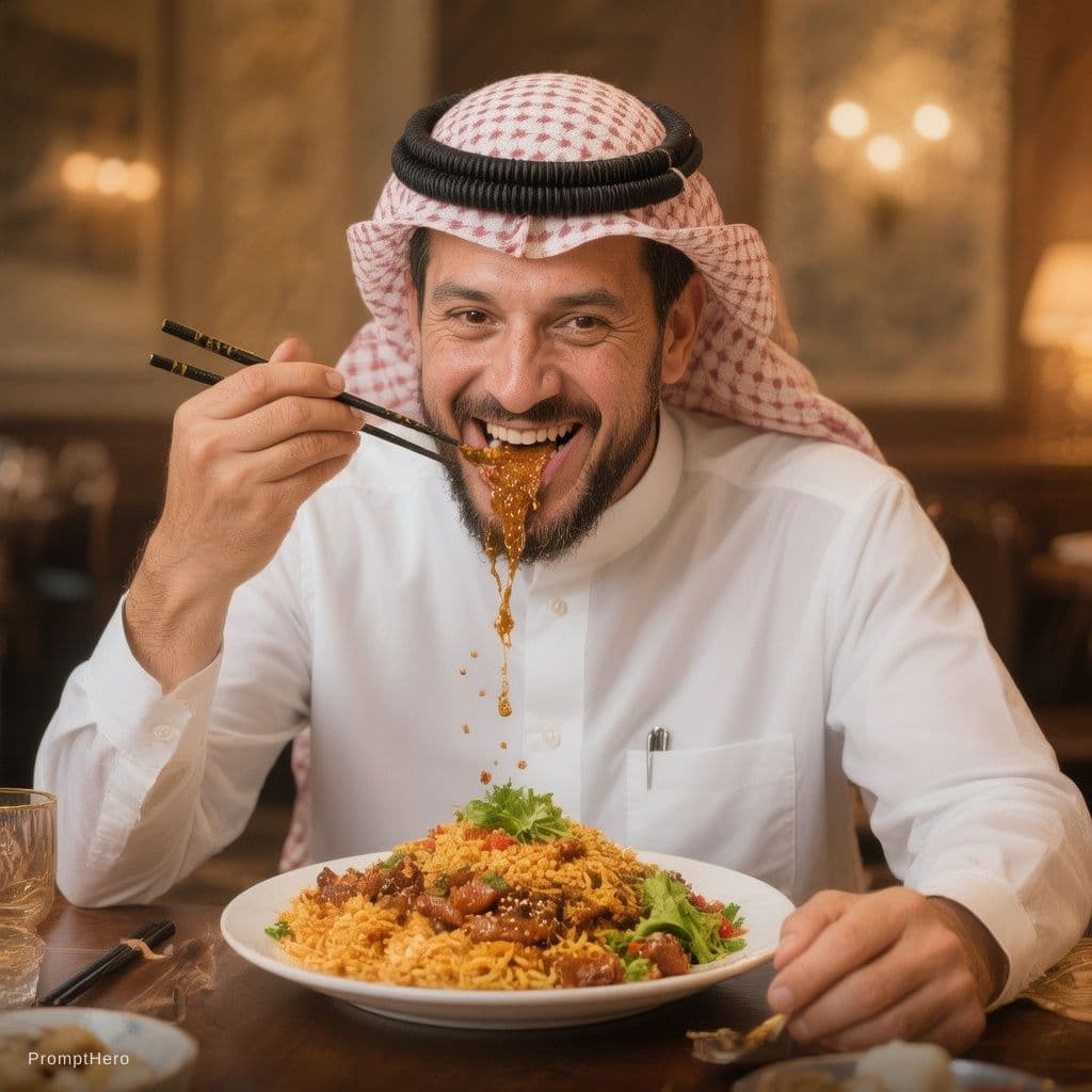 AI generated: a Saudi man eating kabsa with a smile and food dripping from his mouth