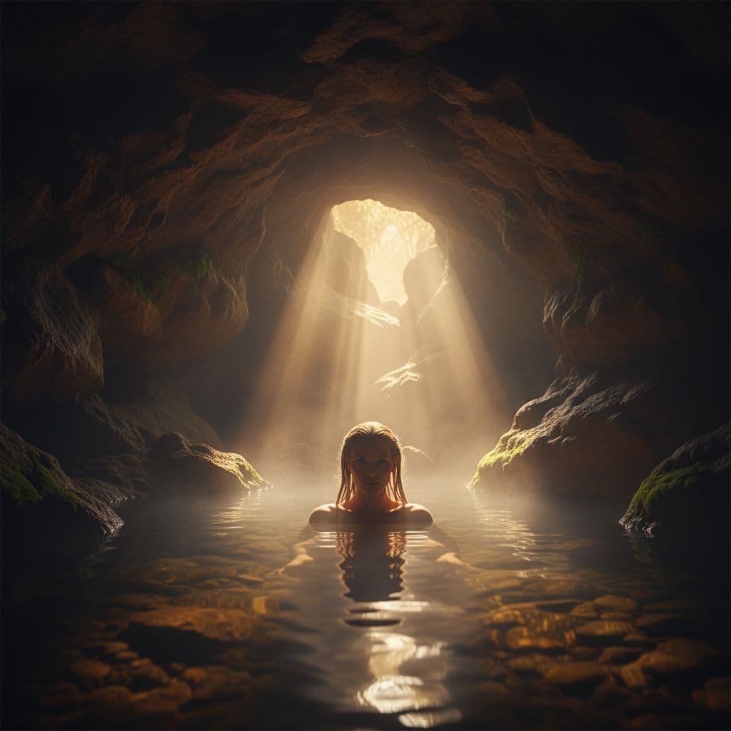 AI generated: hot spring inside a dimly lit cave, steam rises from the water, a woman with long wet blonde hair sw...
