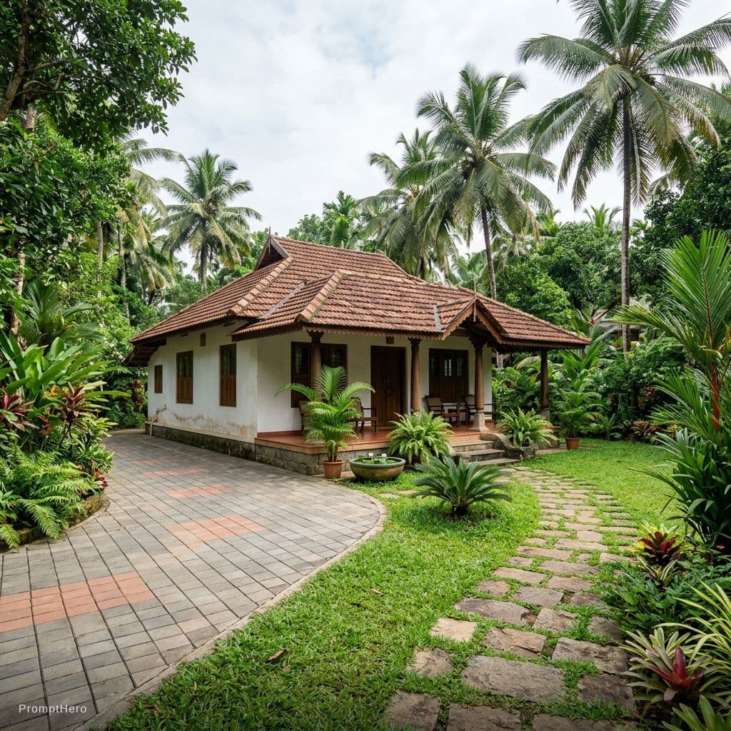 AI generated: Ultra-realistic Kerala tropical landscape with tall coconut trees, dense green foliage, and lush gar...