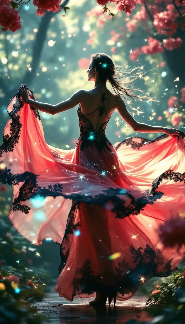 AI generated: "Coral Bloom: A Dance of Light and Color": A live-action film scene presents a female dancer, seen a...