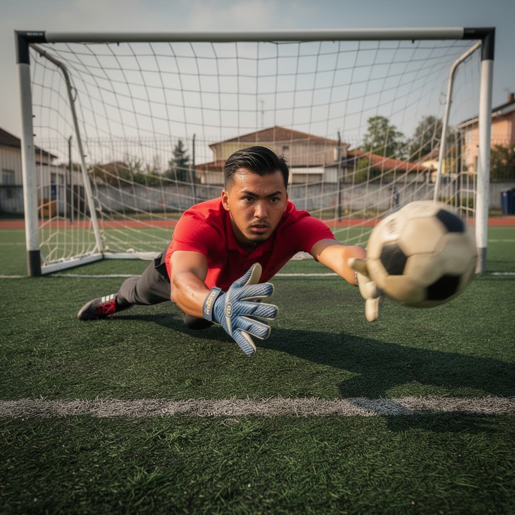 AI generated: High-action cinematic shot of a young goalkeeper diving to make a spectacular save on a local neighb...