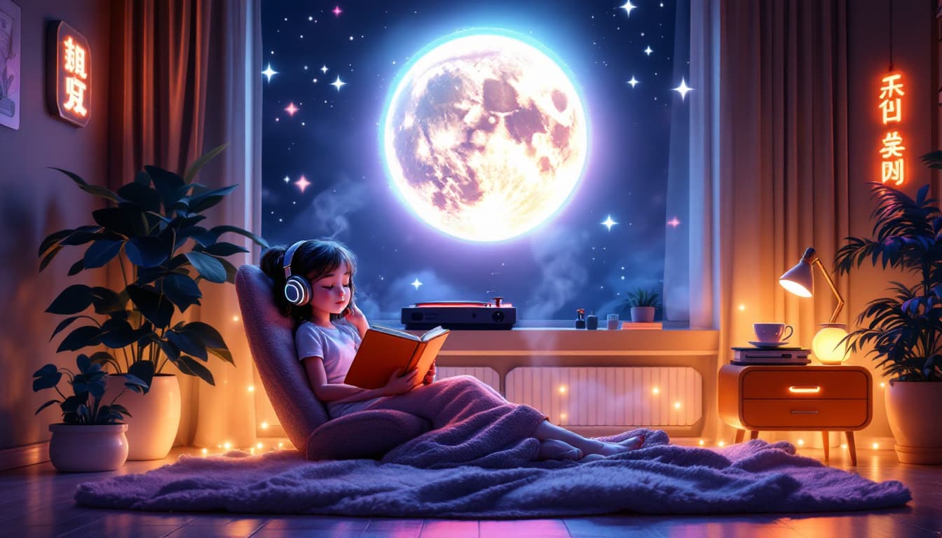 AI generated: A looping animation of a cozy futuristic bedroom at night, lit by soft neon signs and a floating hol...
