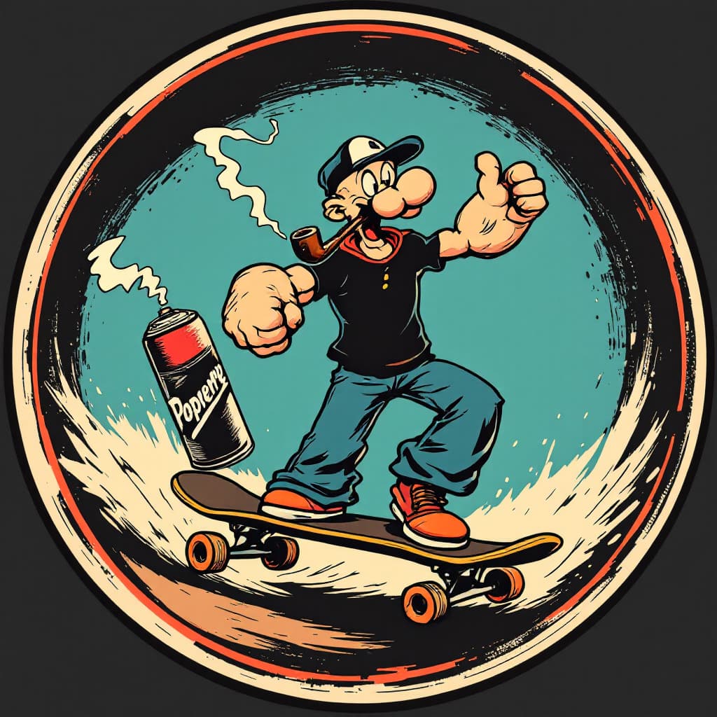 AI generated: round logo style of vintage cartoon of popeye riding a skateboard while smoking his pipe & holding a...