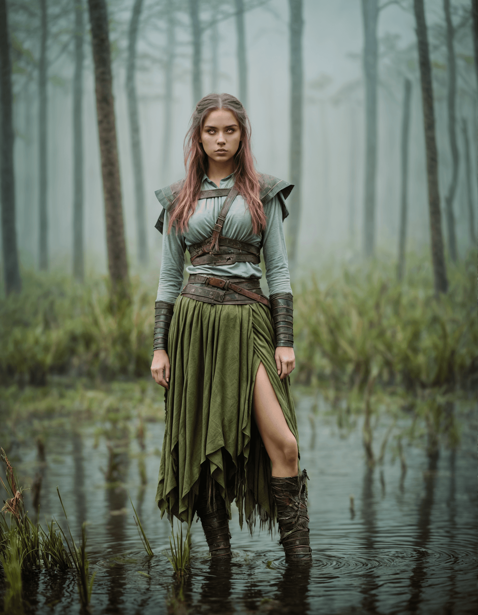 AI generated: Cinematic photography in a swamp, cute young woman wearing warrior clothes with skirt, cinematic atm...