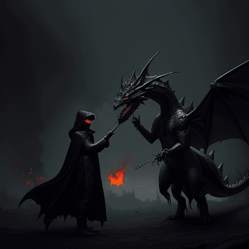 AI generated: Retro Dark Fantasy Gothic Style with grainy background, Hooded Cloak Figure battles an evil dragon, ...