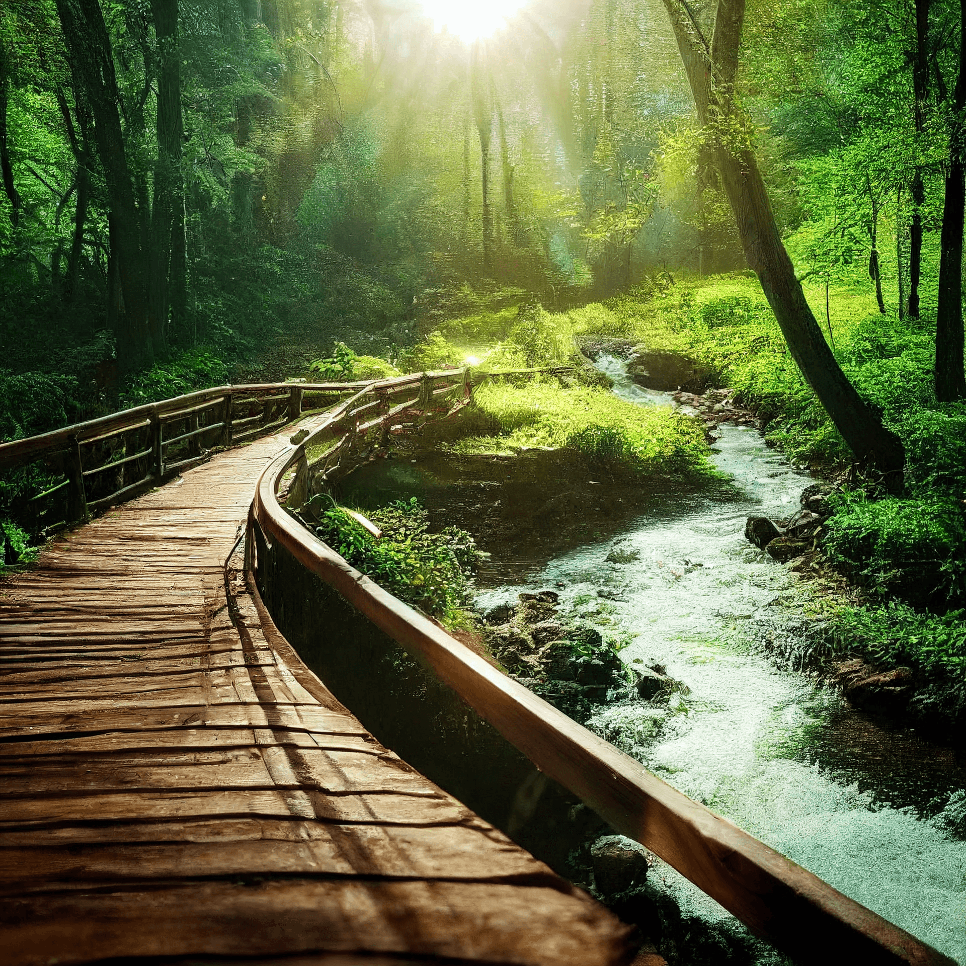AI generated: A picture of a green flowerful tranquil forest with a winding river and a small wooden bridge t take...